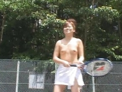 Cute Asian Babes Play Naked-Tennis Outdoors