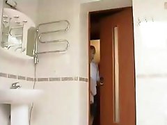 Hot blond honey receives a shock and receives fucked in the washroom room