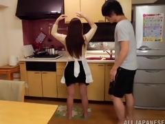 Dazzling Asian redhead getting her face fucked in the kitchen